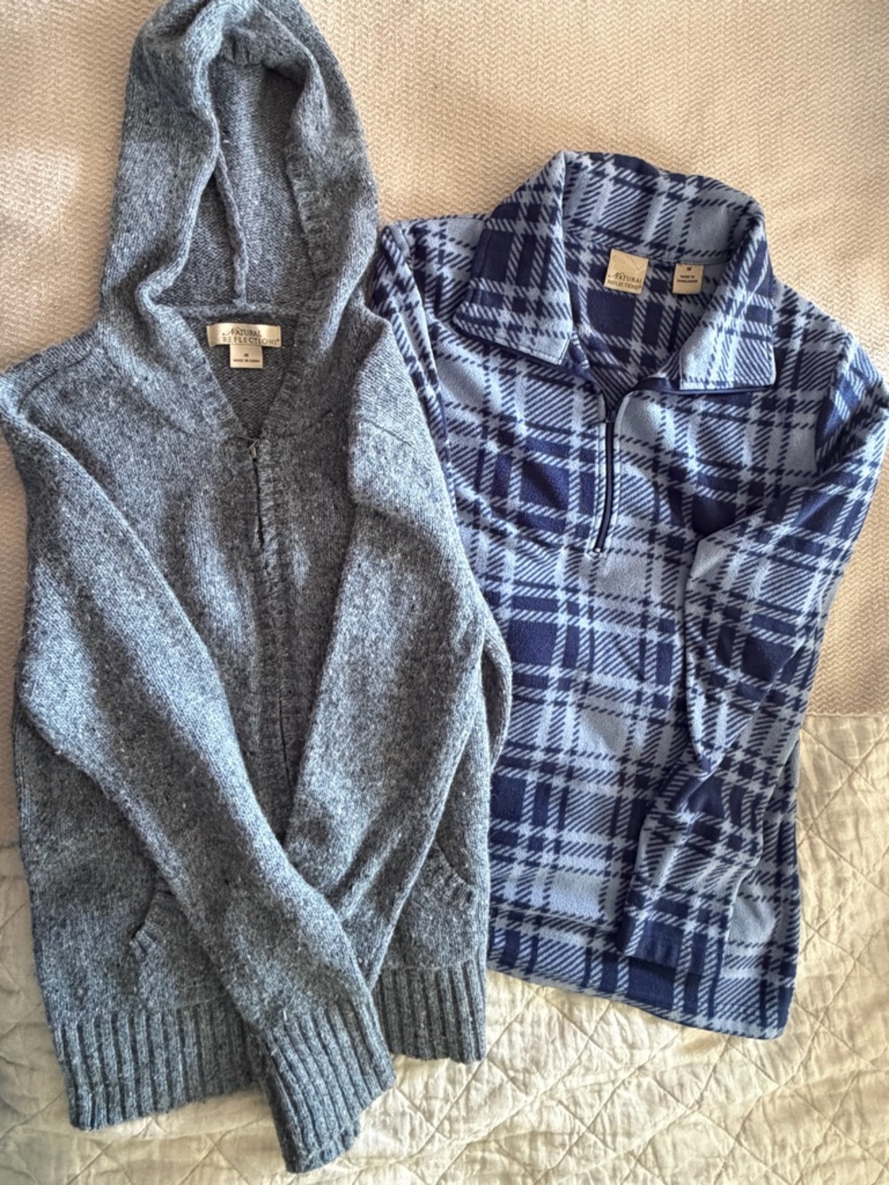 Natural Reflections Gray Hooded Wool Knit Zip Sweater & Blue Plaid Zip Pullover